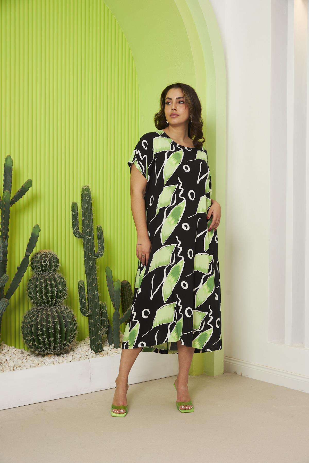 Rmg Desenli Büyük Beden Günlük Yeşil Elbise