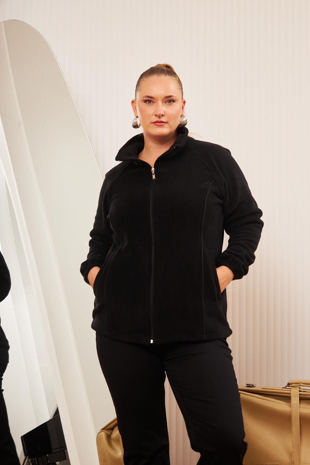 Büyük Beden Fermuarlı Polar Hırka Siyah