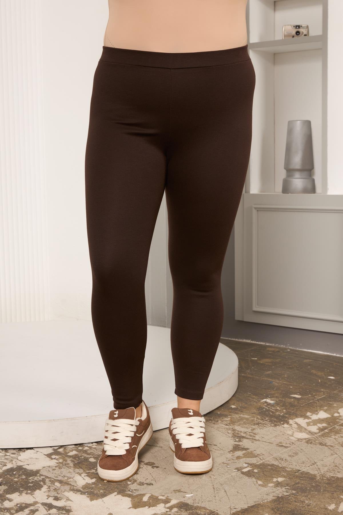 Büyük Beden Çelik Örme Tayt Kahve