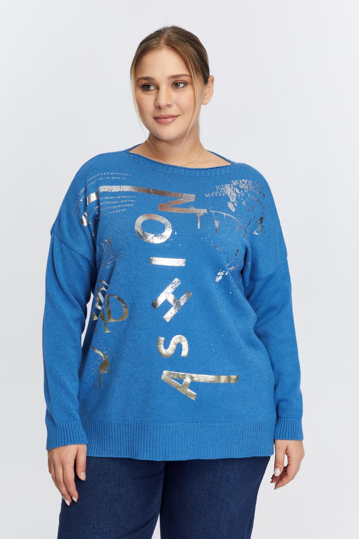 Büyük Beden Kayık Yaka Baskılı Triko İndigo