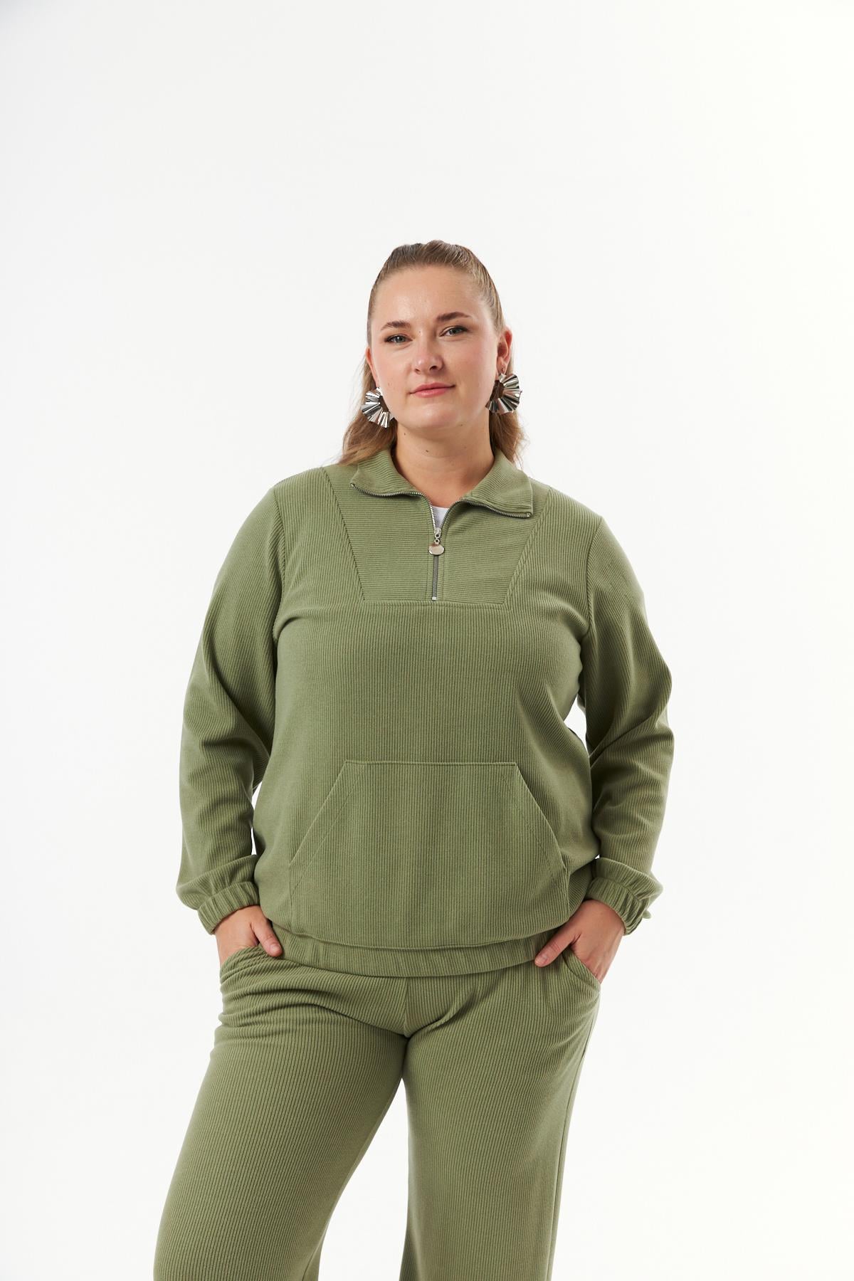 Büyük Beden Yakası Fermuarlı Sweatshirt Haki