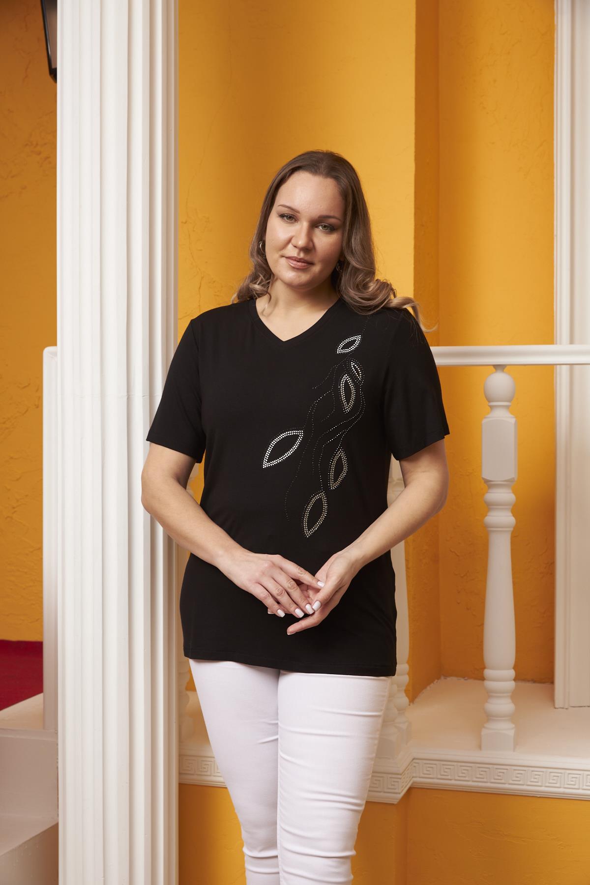 Rmg Çiçek Desenli Taş Baskılı Büyük Beden Siyah Tişört