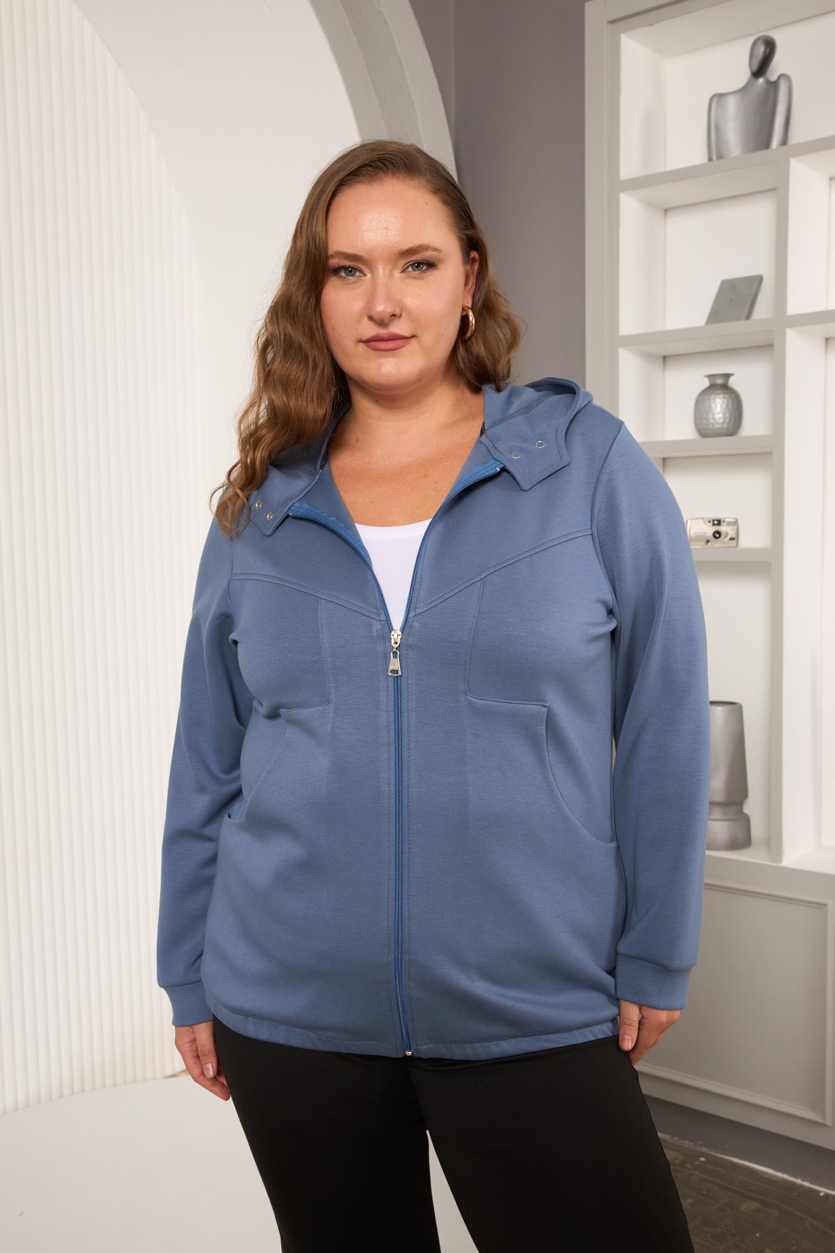 Cep Detaylı Büyük Beden Sweatshirt İndigo