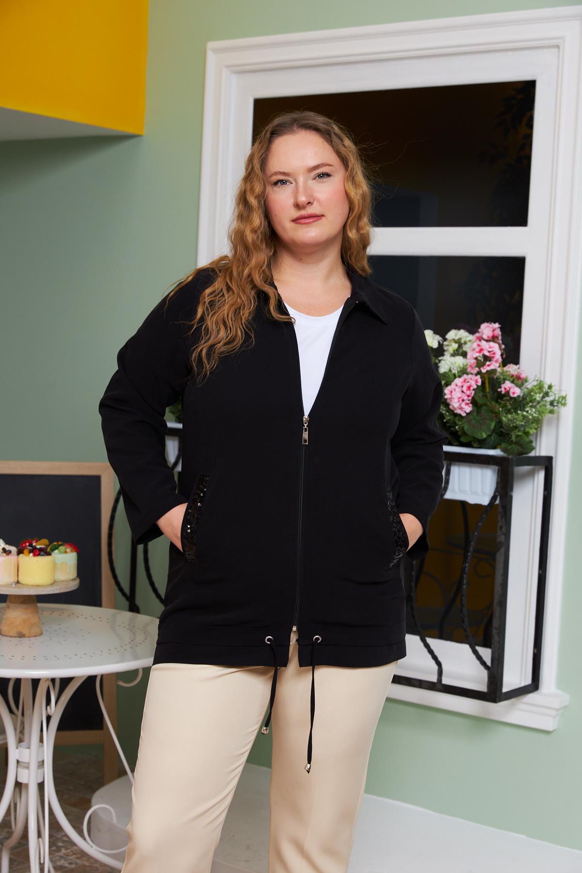 Cep Pul Payet Detaylı Büyük Beden Ceket Siyah