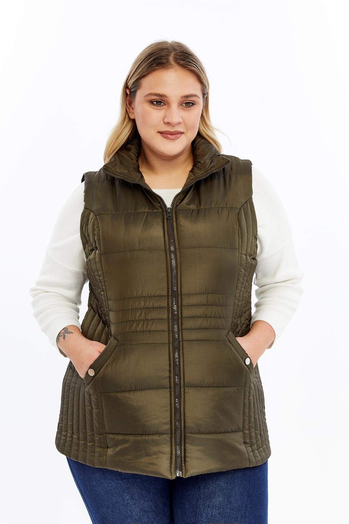 Cepli Büyük Beden Kapitone Yelek Haki