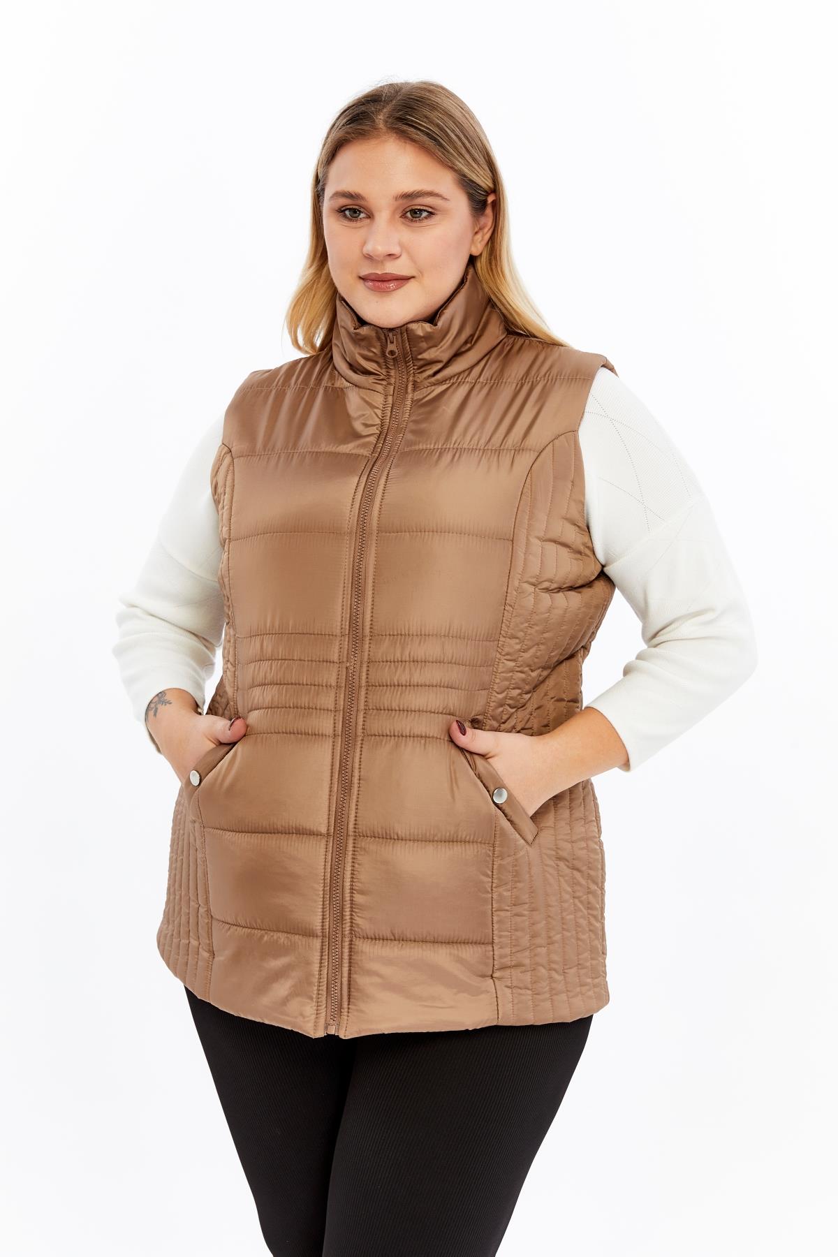 Cepli Büyük Beden Kapitone Yelek Vizon