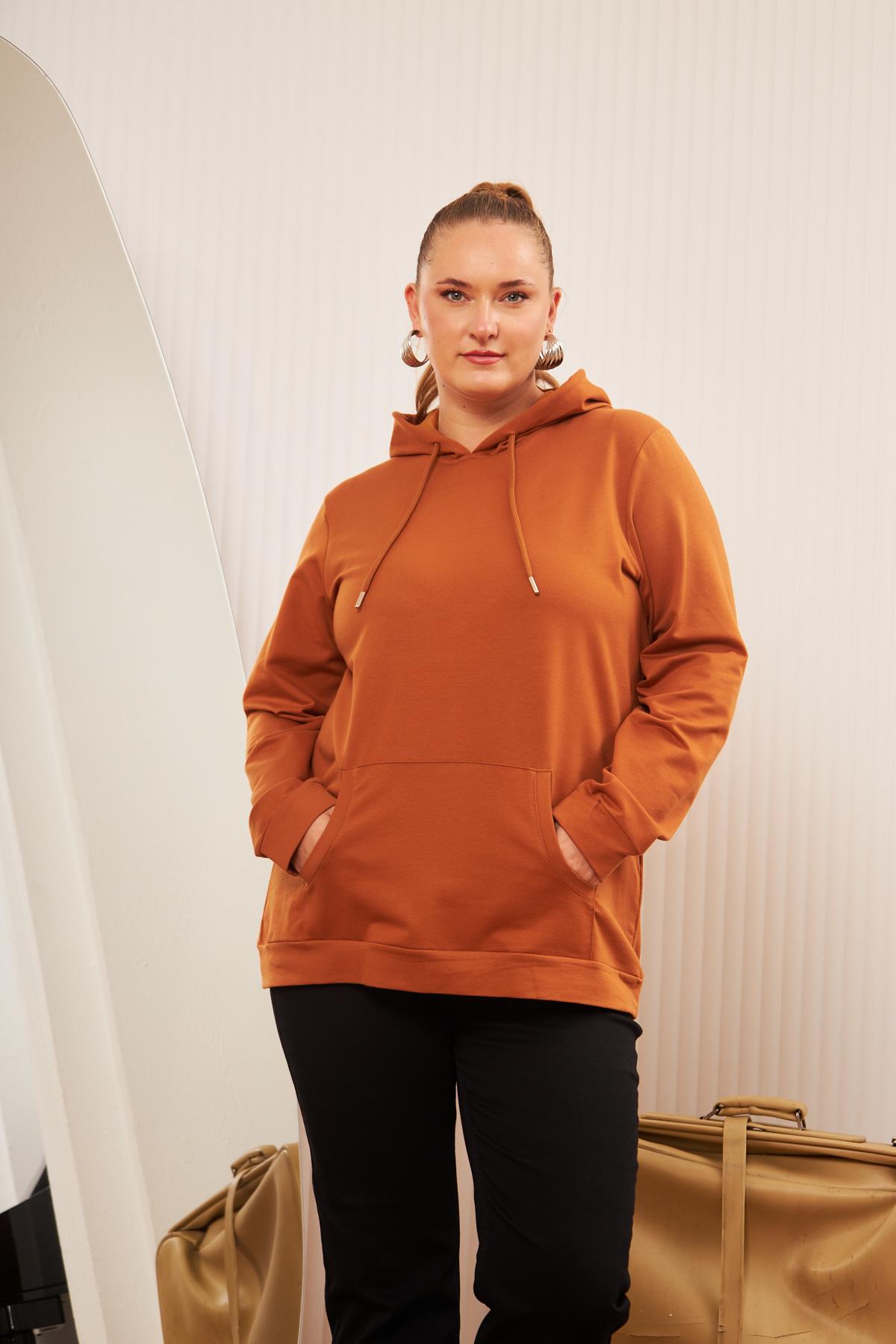 Rmg Kapşonlu Büyük Beden Camel Sweatshirt
