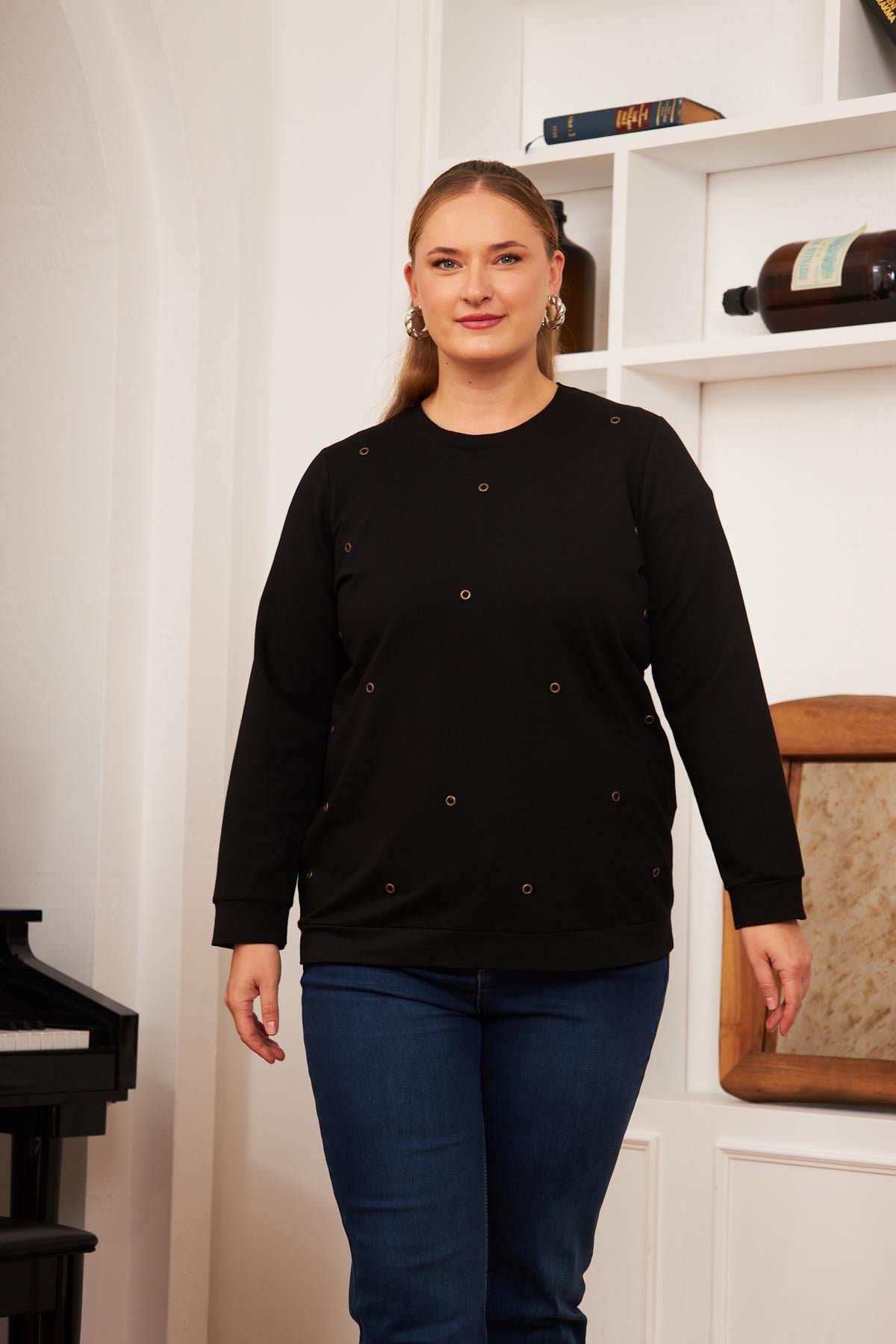 Büyük Beden Taş Baskılı Sweatshirt Siyah