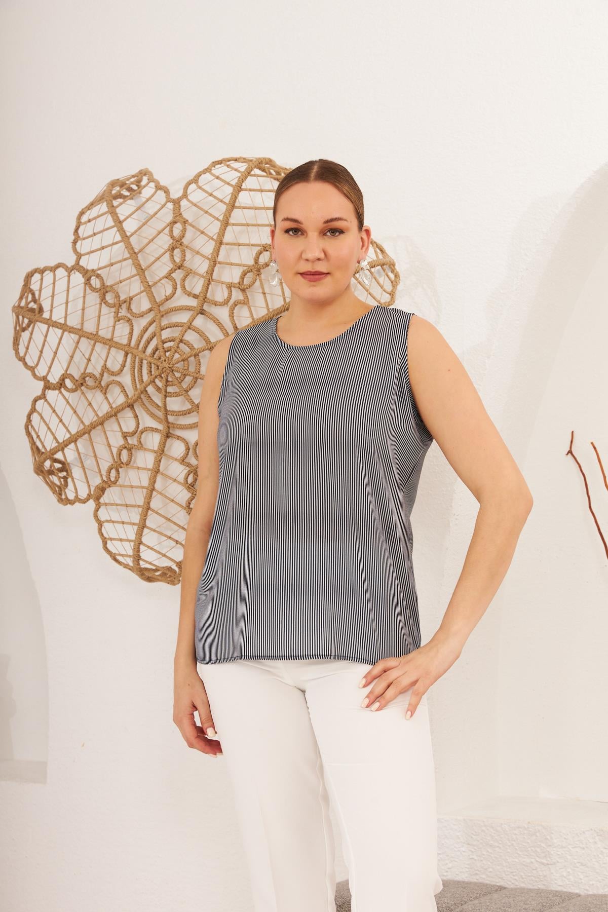 Rmg Çizgili Büyük Beden Lacivert Atlet