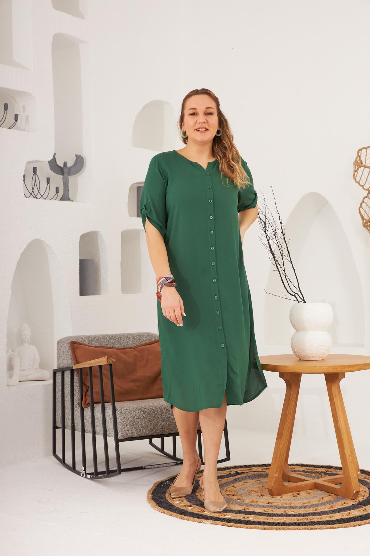 Rmg Düğmeli Kol Detaylı Büyük Beden Zümrüt Elbise