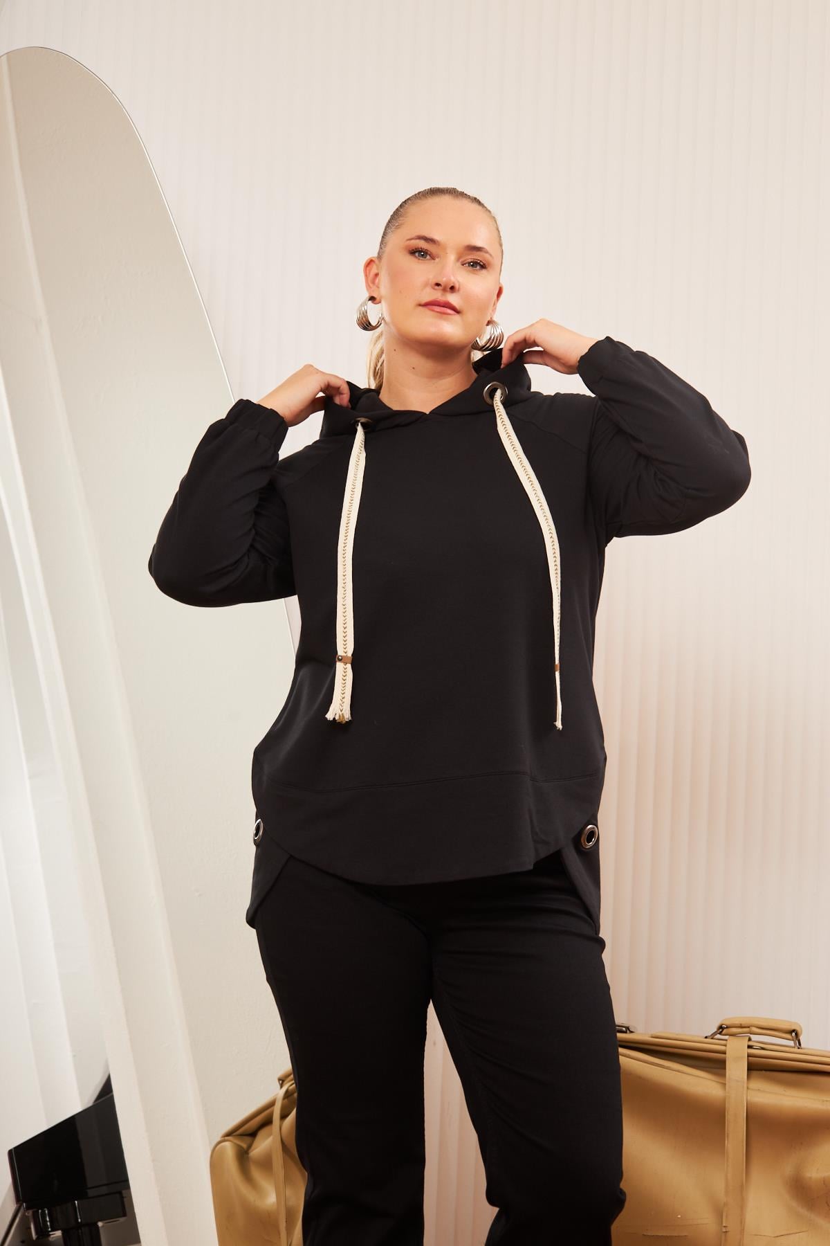 Büyük Beden Süslemeli Bağcıklı Kordon Sweatshirt Mavi