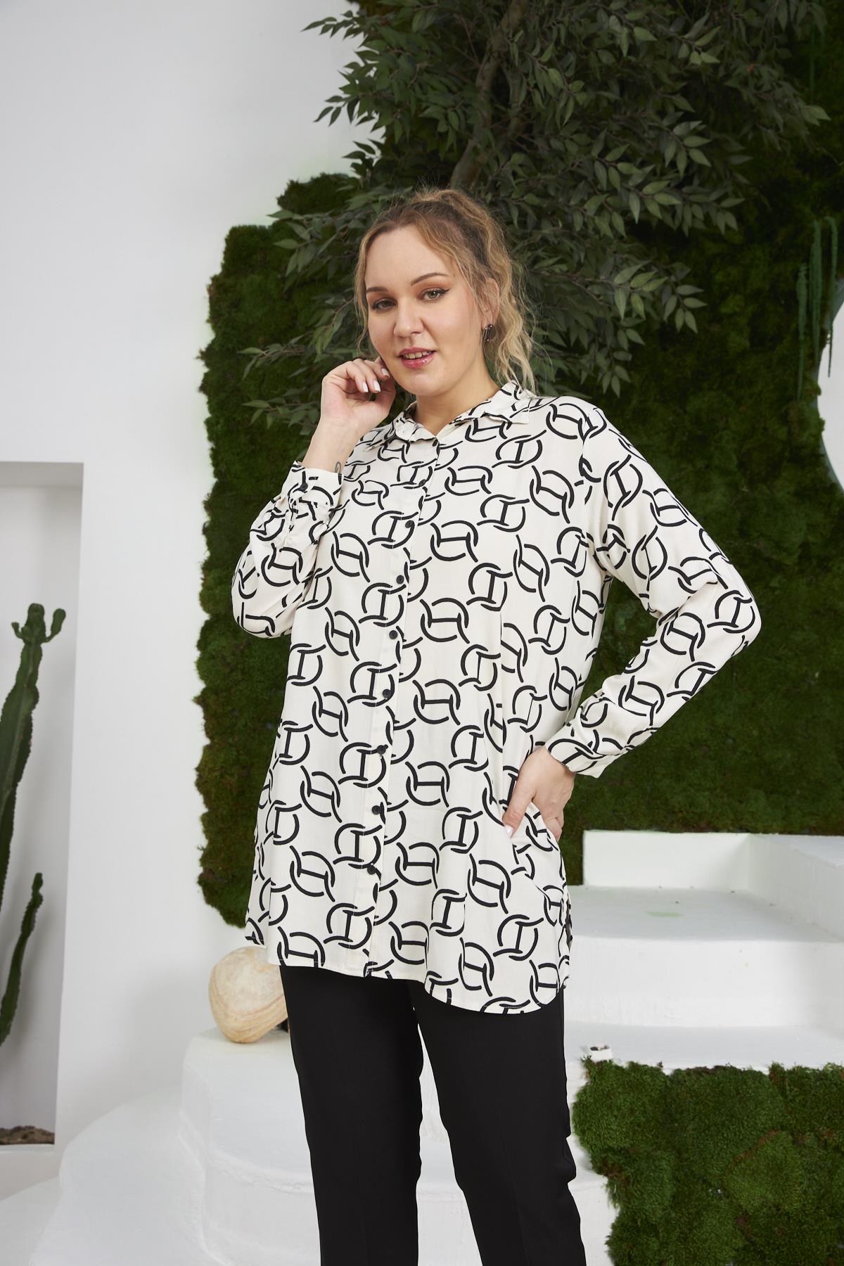 Rmg Zincir Desenli Büyük Beden Uzun Kol Ekru Gömlek