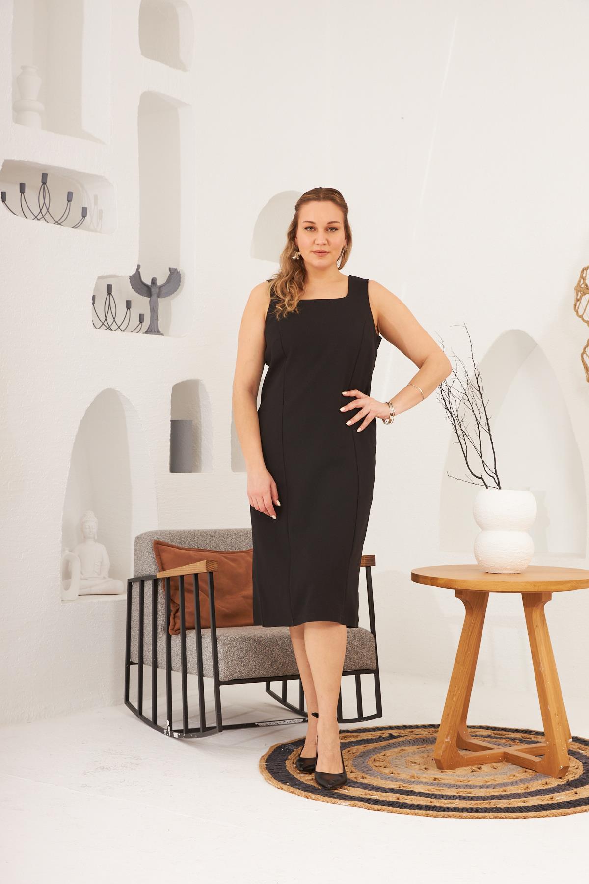 Rmg Kare Yaka Astarlı Büyük Beden Siyah Elbise