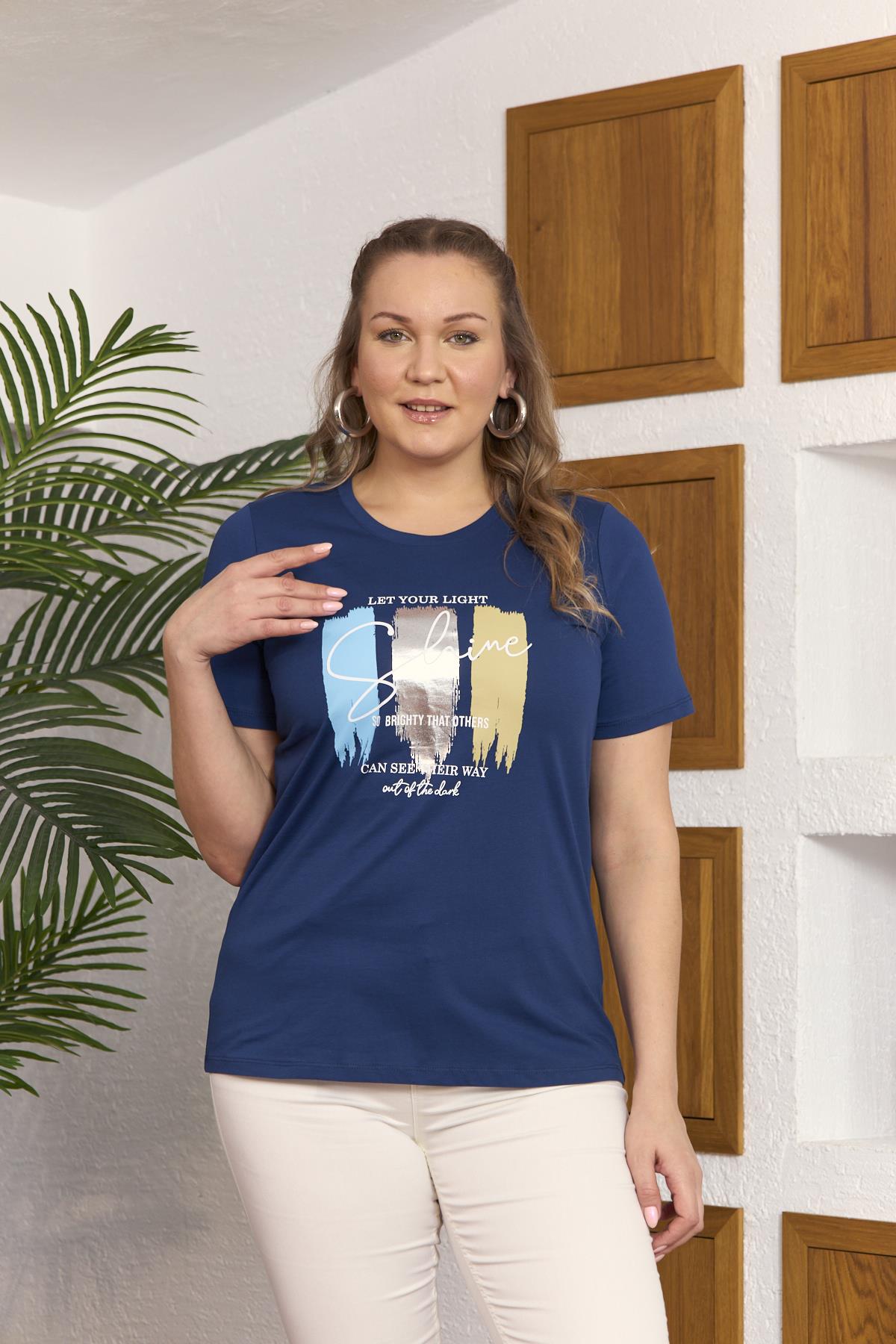 Rmg Fırça Deseni Baskılı Büyük Beden İndigo Tişört