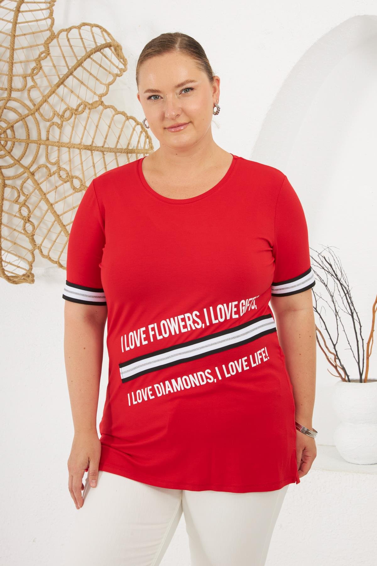 İ Love Baskılı Büyük Beden Tişört Kırmızı