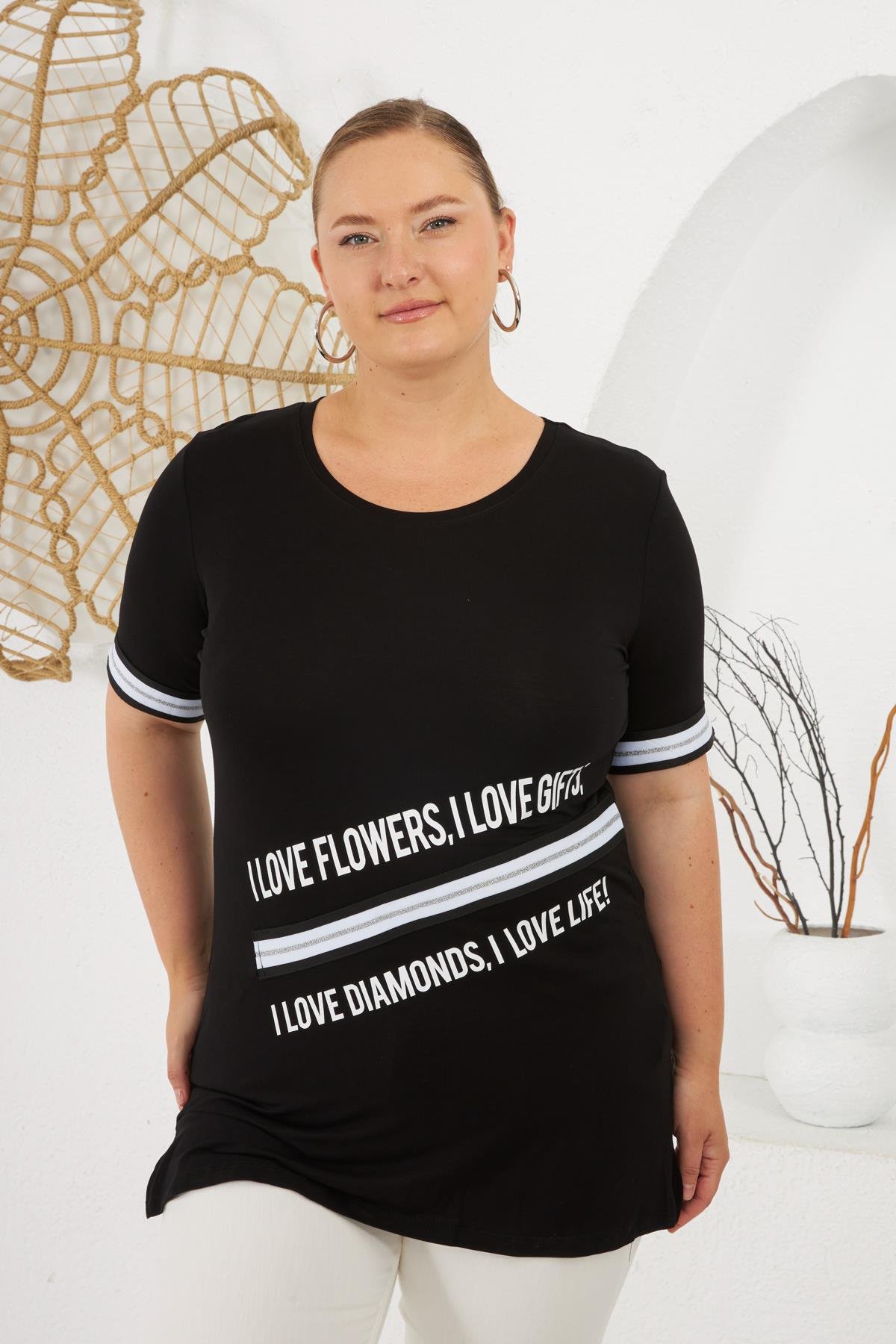 İ Love Baskılı Büyük Beden Tişört Siyah