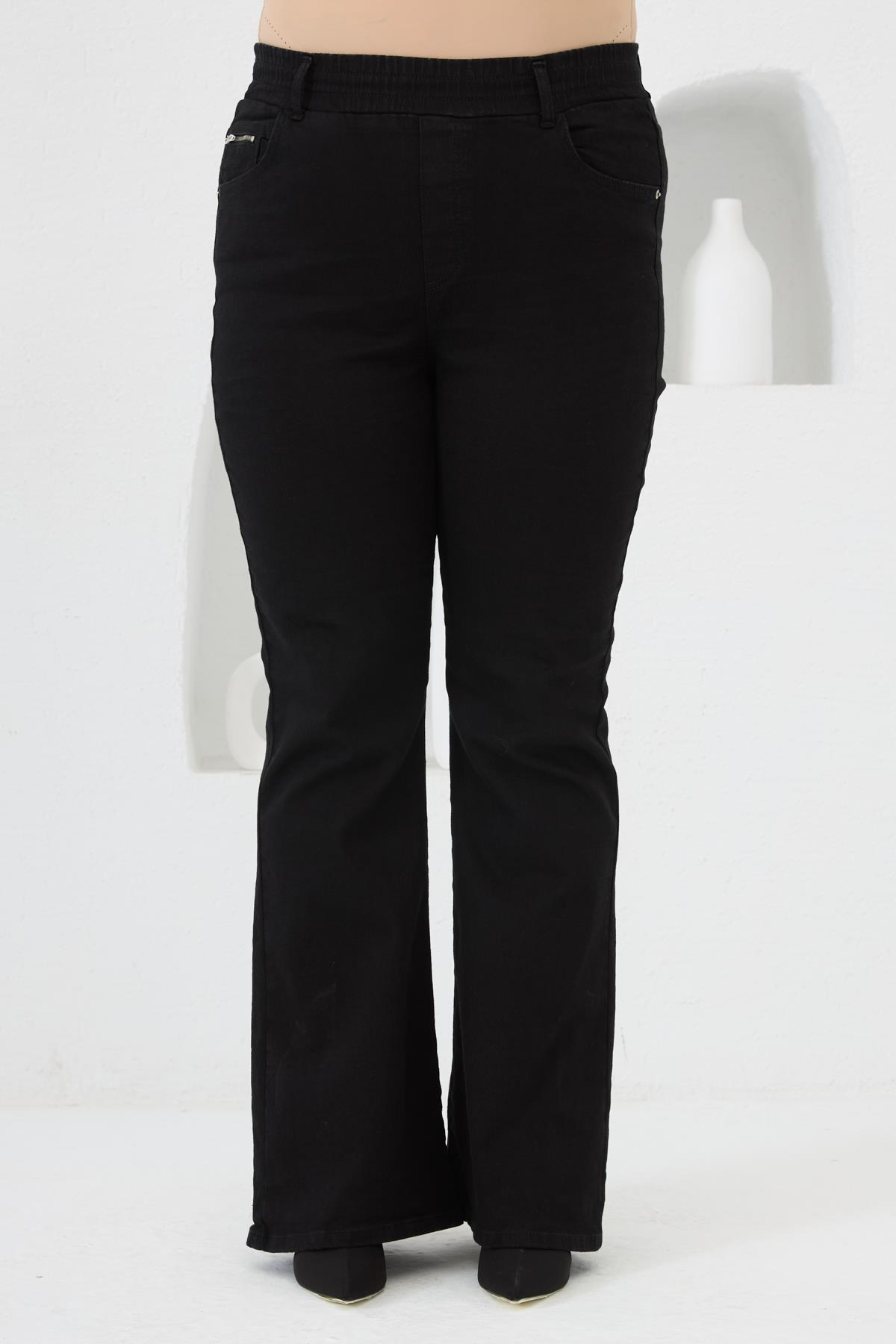 İspanyol Paça Beli Lastikli Büyük Beden Kot Pantolon Siyah
