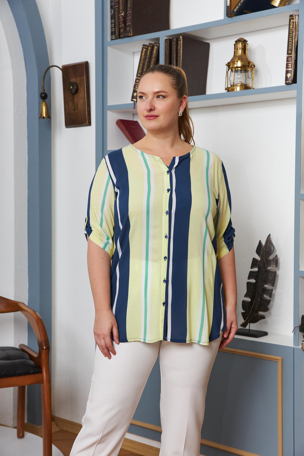 Kol Apolet Detaylı Büyük Beden Viskon Bluz Sarı