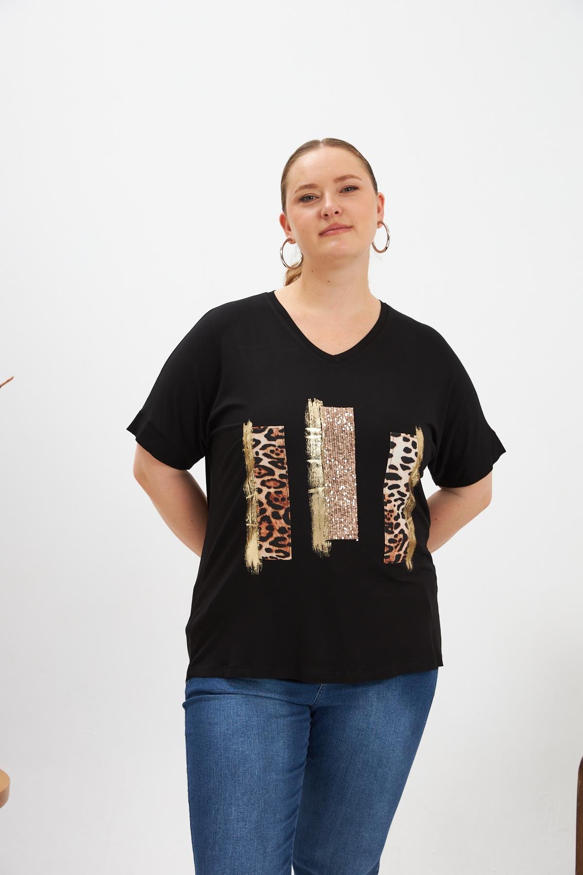Leopar Ve Pul Payet Garnili Büyük Beden Tişört Siyah