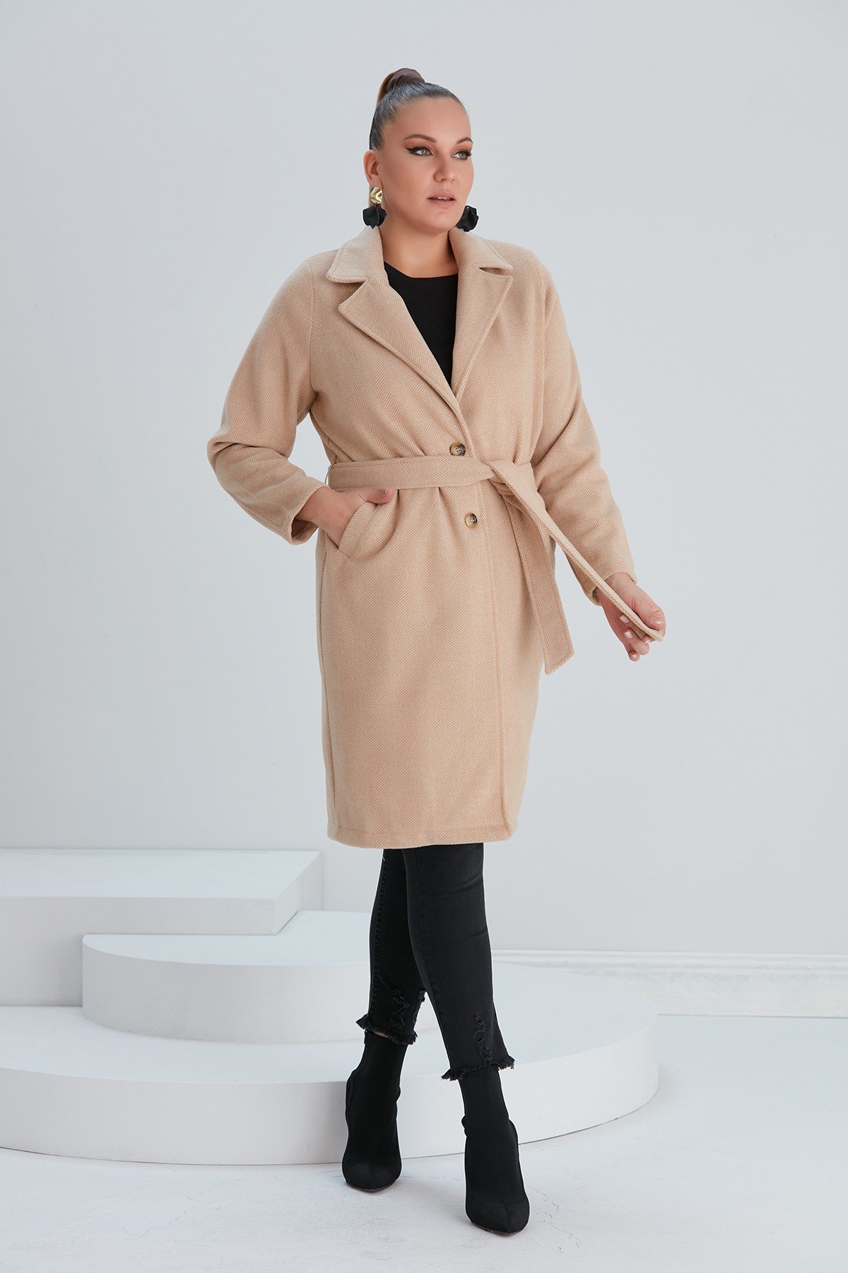 Rmg Astarsız Büyük Beden Vizon Kaşe Kaban