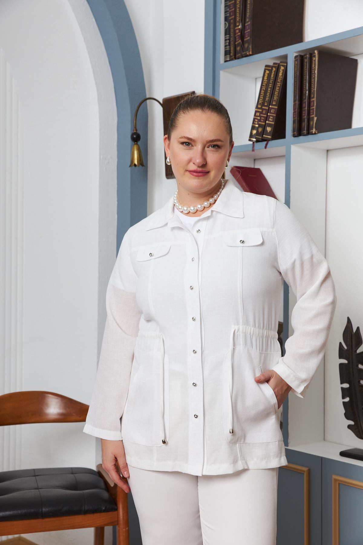 RMG Bel Bağcık Detaylı Büyük Beden Beyaz Keten Ceket