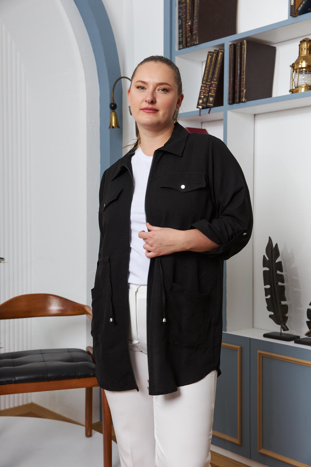 Rmg Bel Bağcık Detaylı Fermuarlı Büyük Beden Siyah Ceket