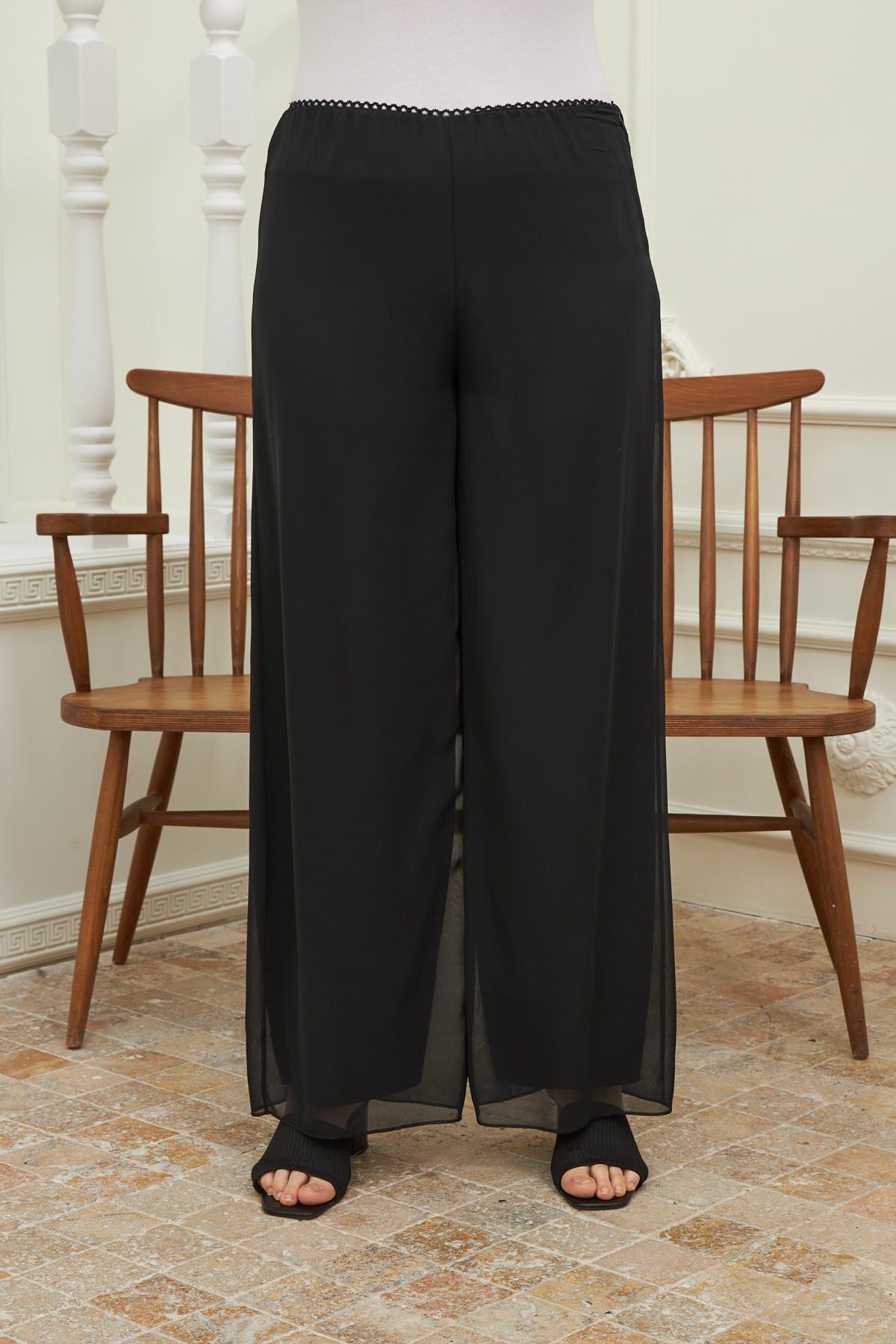 Rmg Beli Dantel Detaylı Büyük Beden Siyah Şifon Pantolon