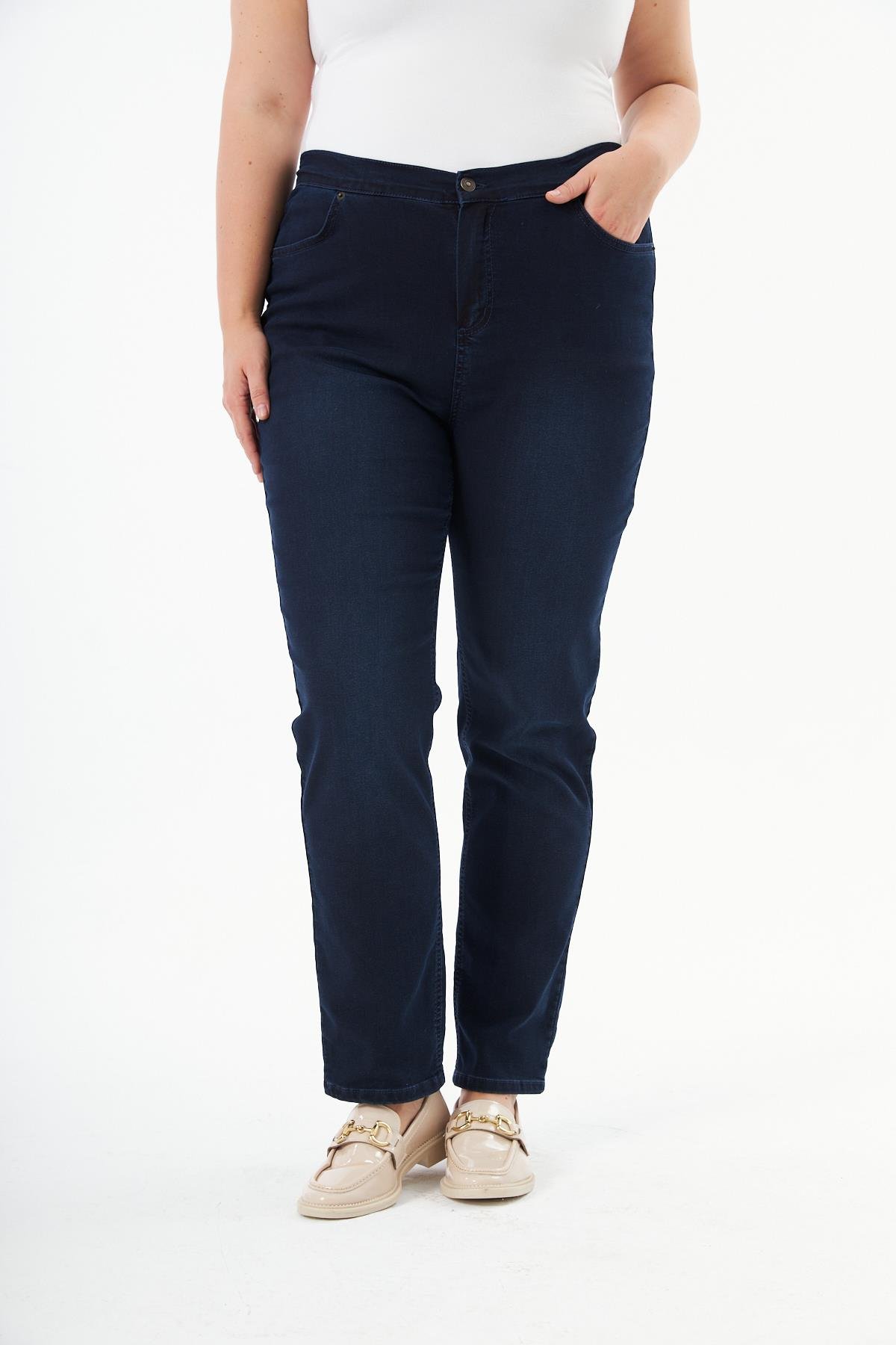 Rmg Beli Lastikli Büyük Beden Koyu Lacivert Kot Pantolon