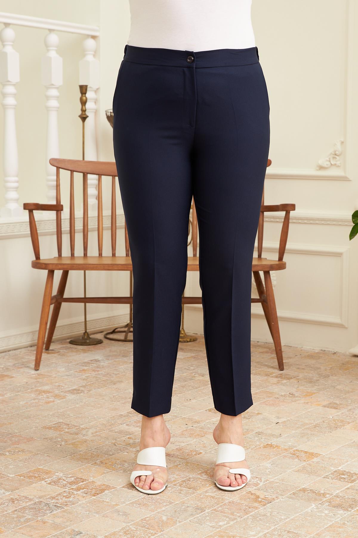 Rmg Beli Lastikli Paça Yırtmaç Detaylı Büyük Beden Lacivert Kumaş Pantolon