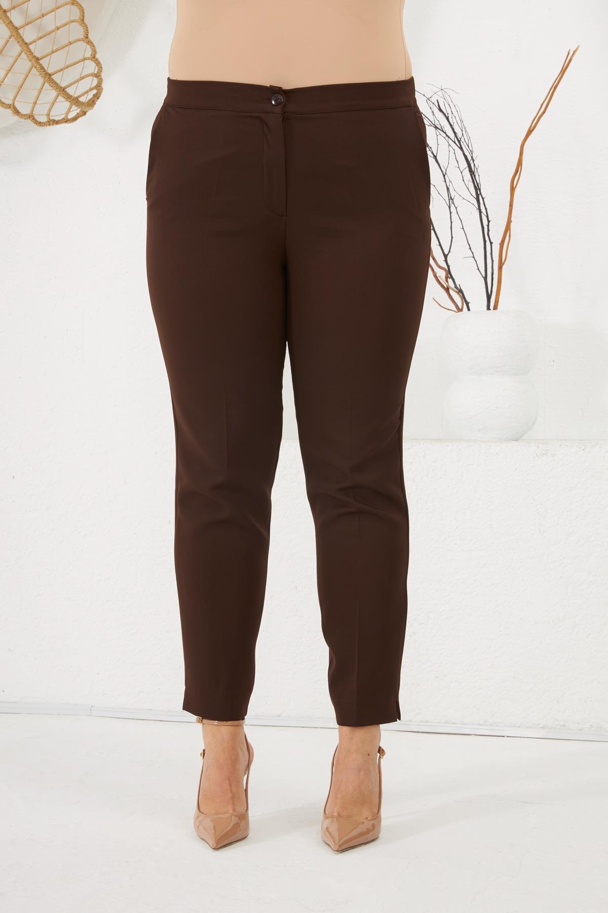 Rmg Beli Lastikli Paça Yırtmaç Detaylı Büyük Beden Kahve Kumaş Pantolon