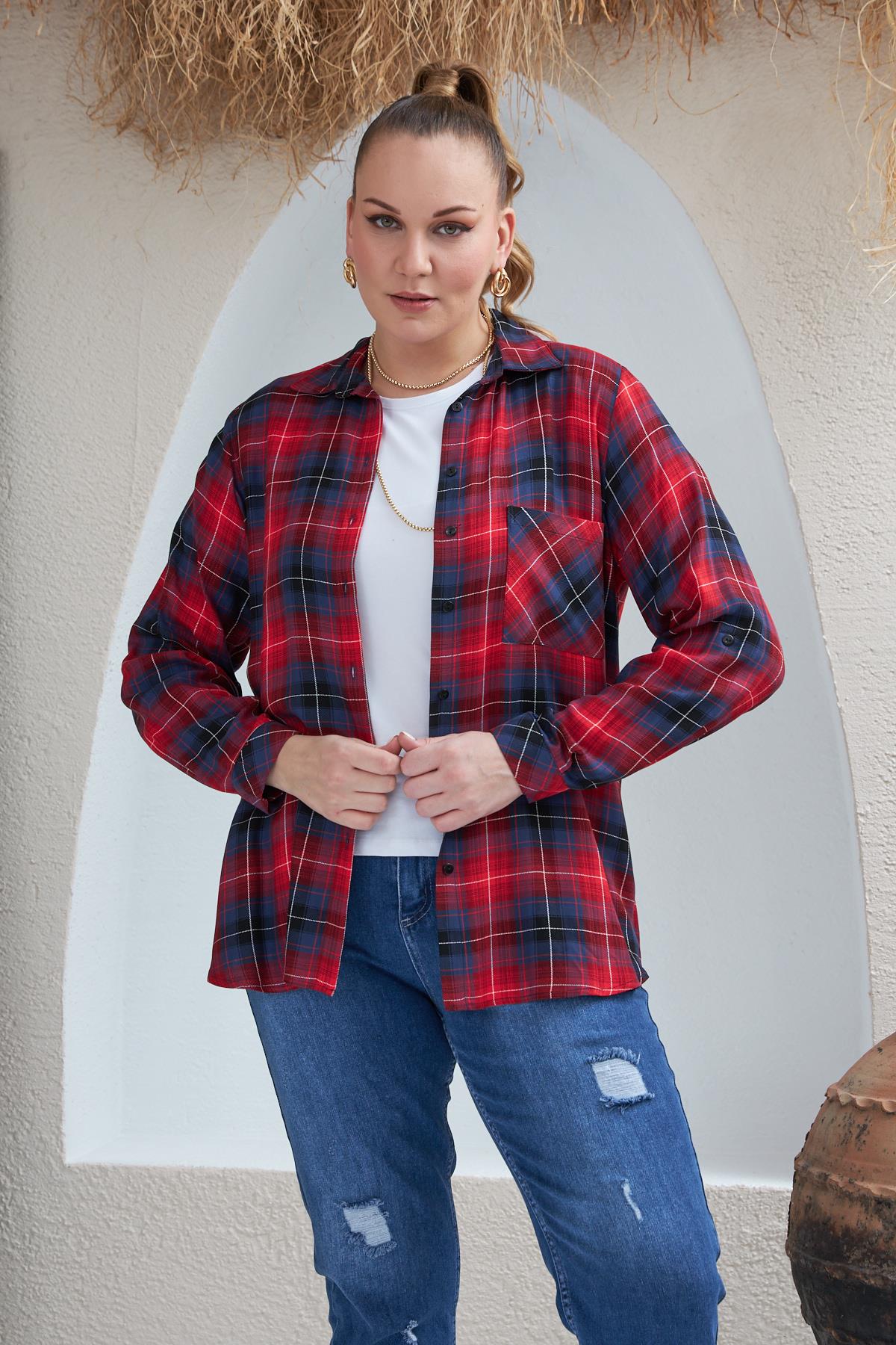 Rmg Cep Detaylı Büyük Beden Kırmızı Ekose Gömlek