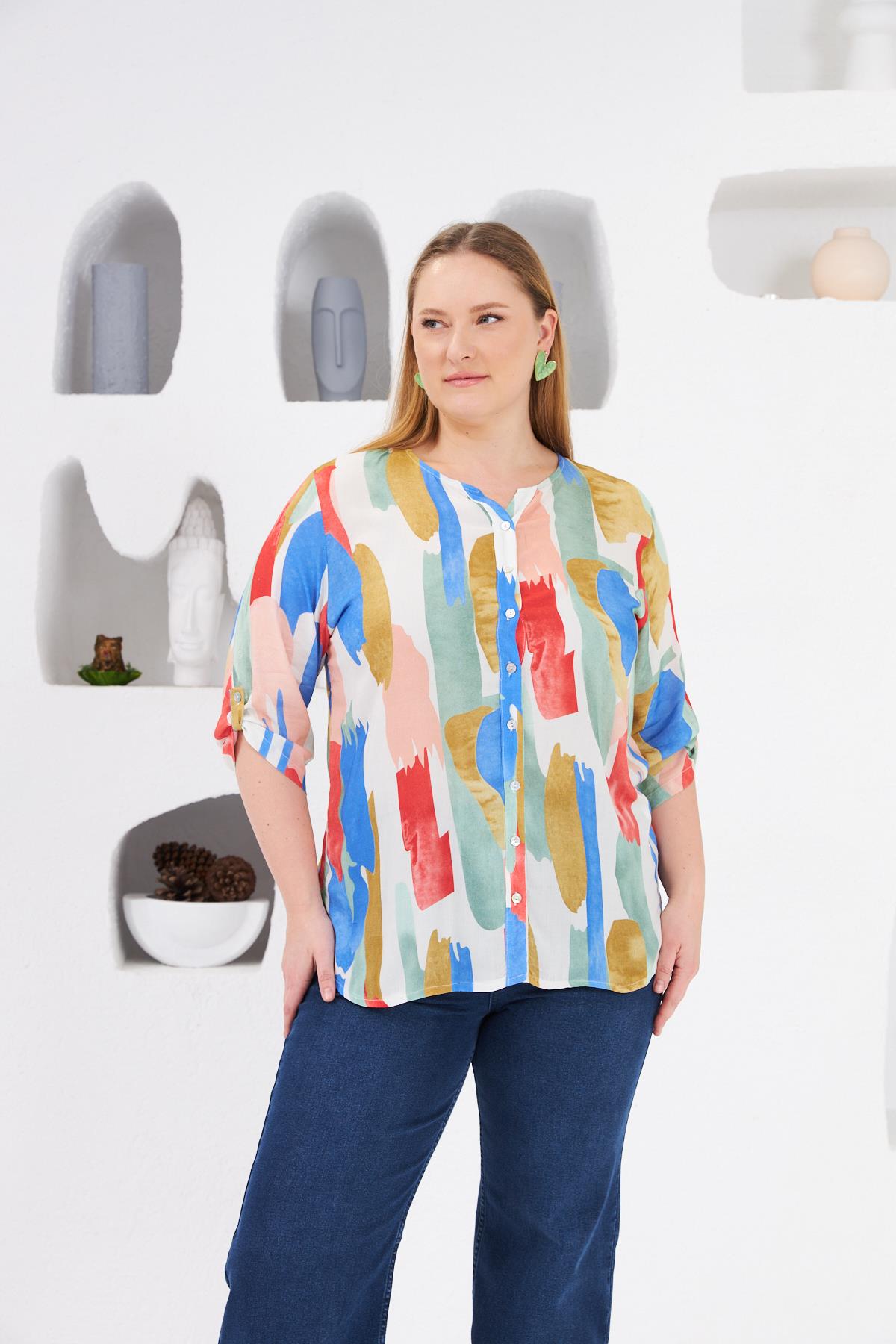 Rmg Çok Renkli Büyük Beden Ekru Gömlek