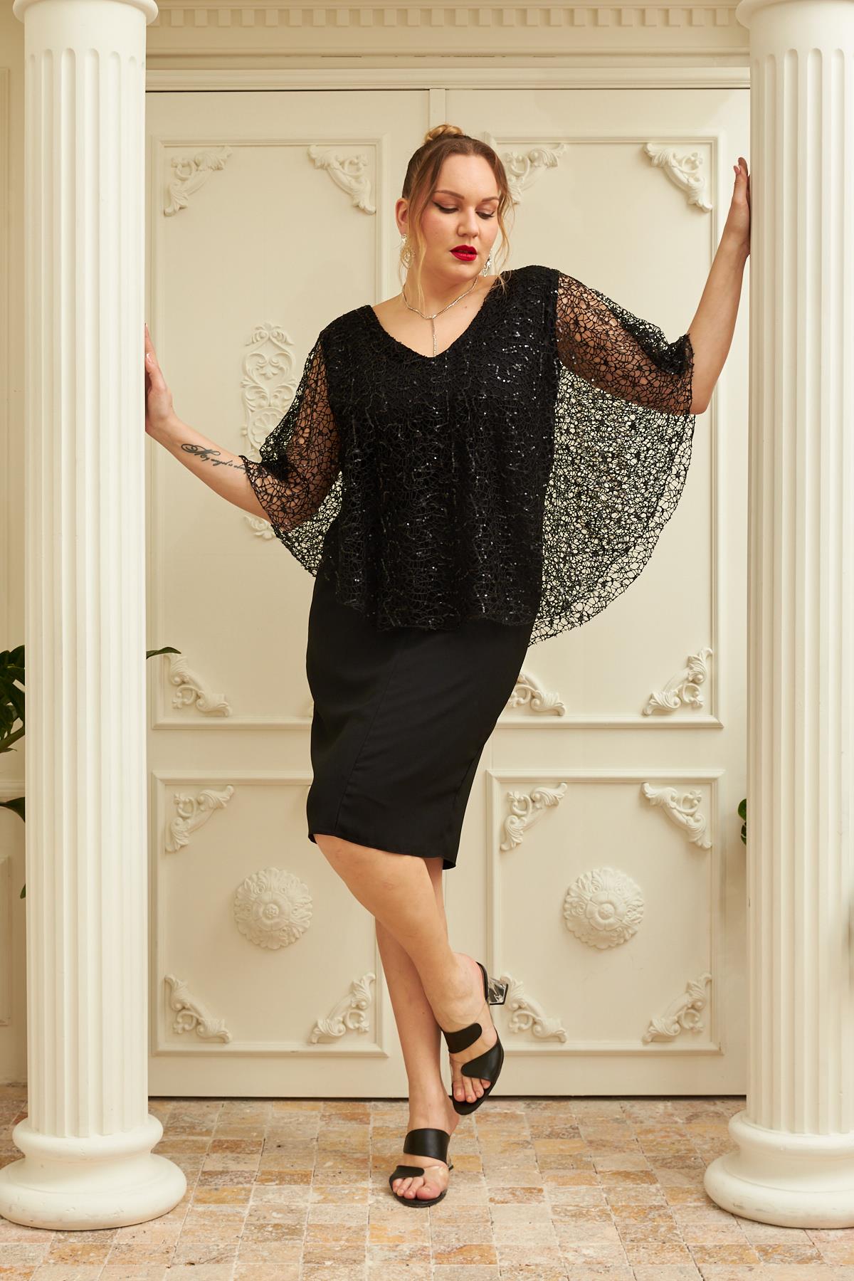 Rmg File Pul Payet Detaylı Kolsuz Astarlı Büyük Beden Siyah Abiye Elbise