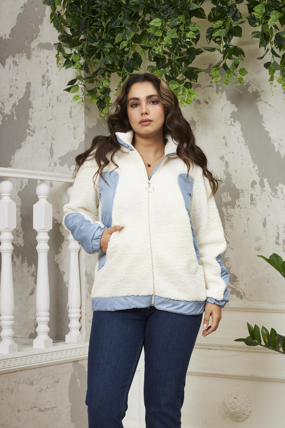 Rmg Garnili Büyük Beden Kıvırcık Ekru Mont