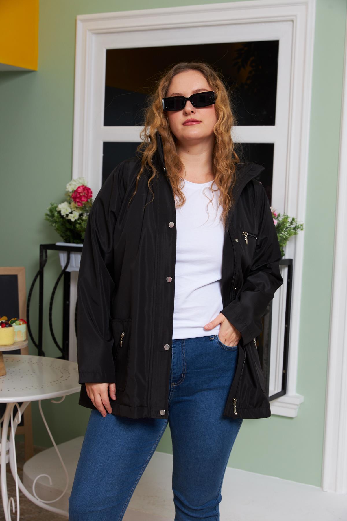 Rmg İç Astar Ekose Detaylı Büyük Beden Siyah Trençkot