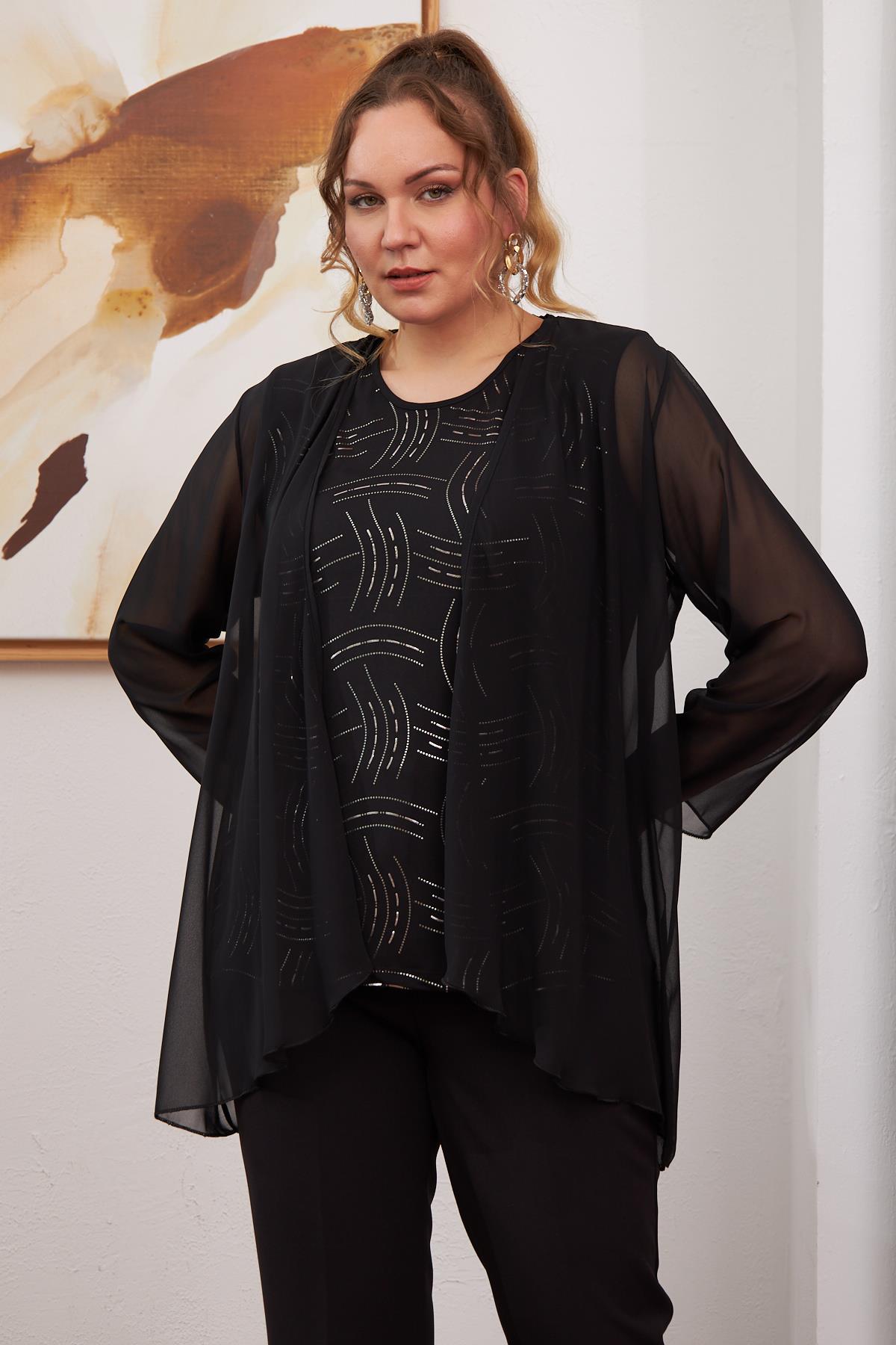 Rmg İçi Desenli Büyük Beden Siyah İkili Takım