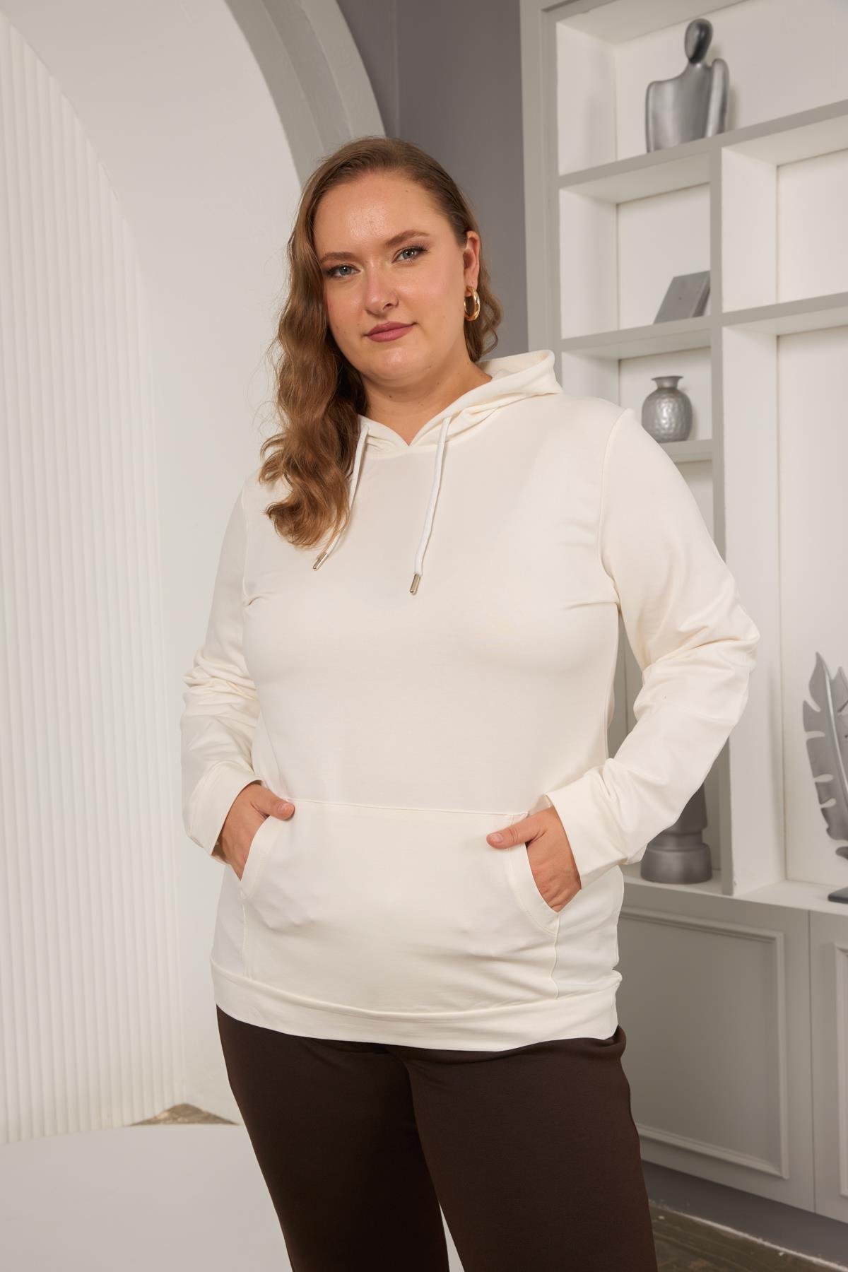 Rmg Kapşonlu Büyük Beden Beyaz Sweatshirt