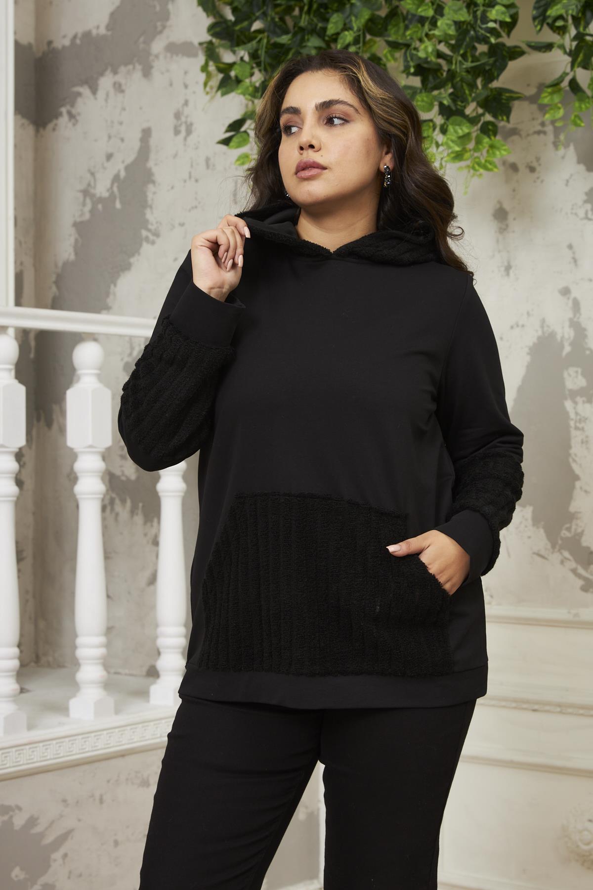 Rmg Kol Detaylı Büyük Beden Siyah Sweatshirt