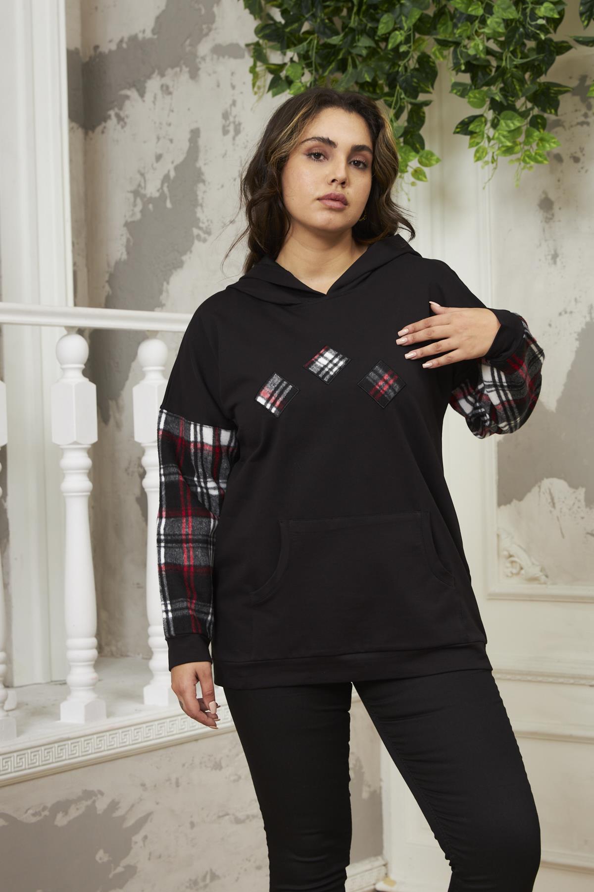 Rmg Kollar Ekose Büyük Beden Siyah Sweatshirt