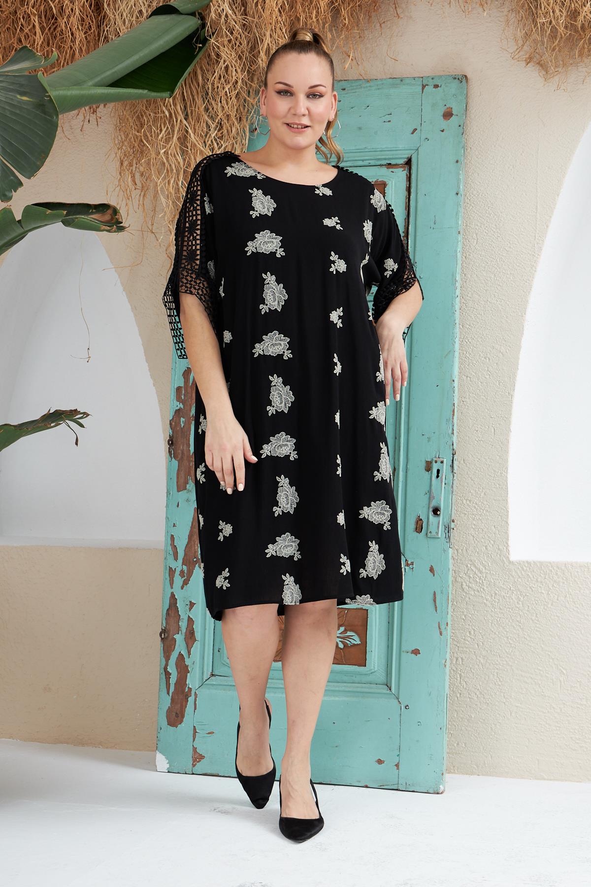 Rmg Omuz Dantel Detaylı Çiçek Desenli Büyük Beden Siyah Elbise