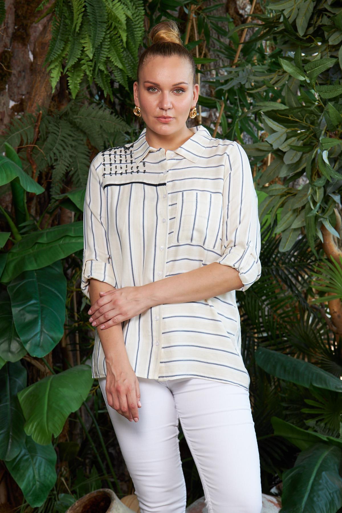 Rmg Omuz Pulpayet İşlemeli Asimetrik Çizgili Büyük Beden Taş Gömlek