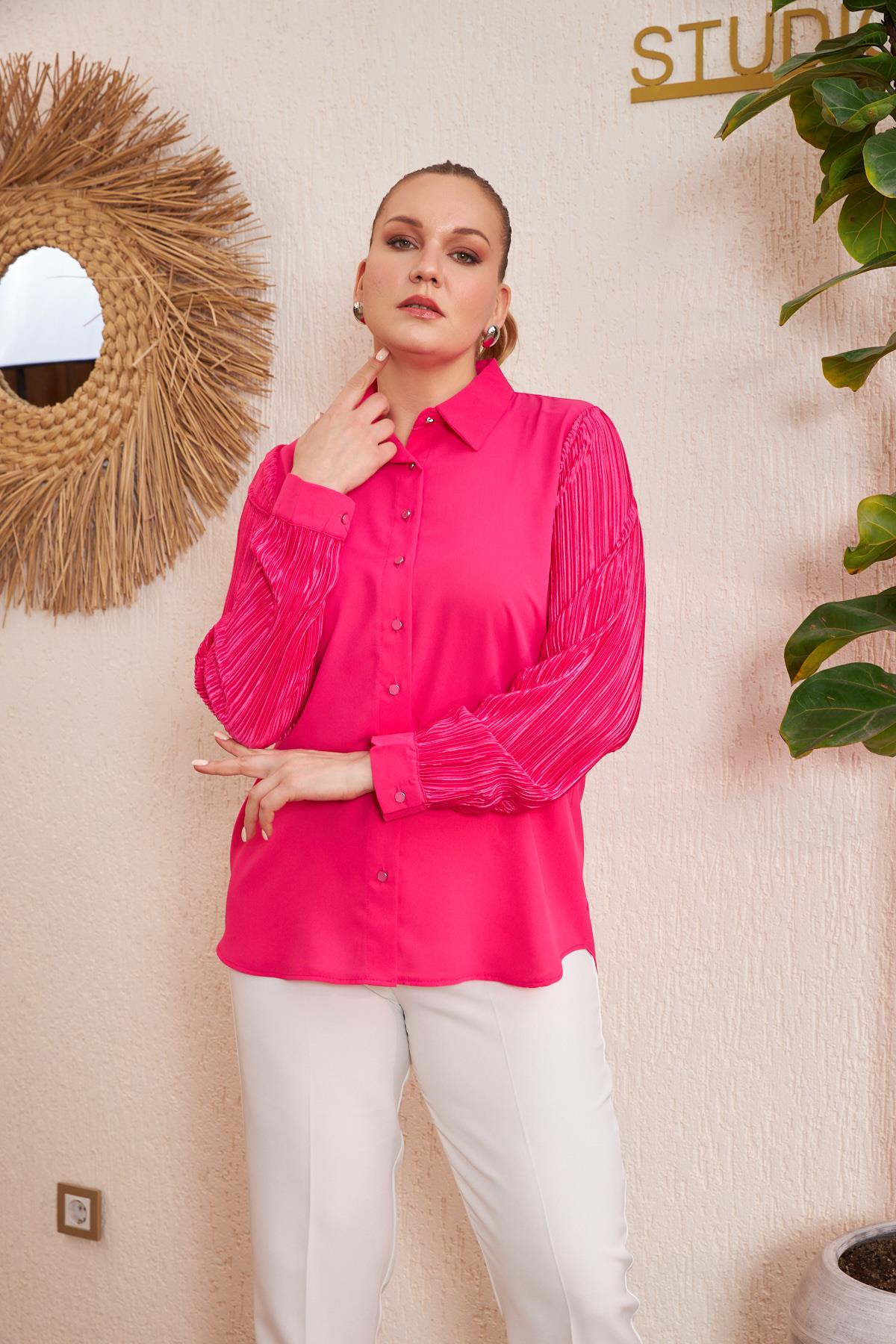 Rmg Piliseli Büyük Beden Fuşya Gömlek	