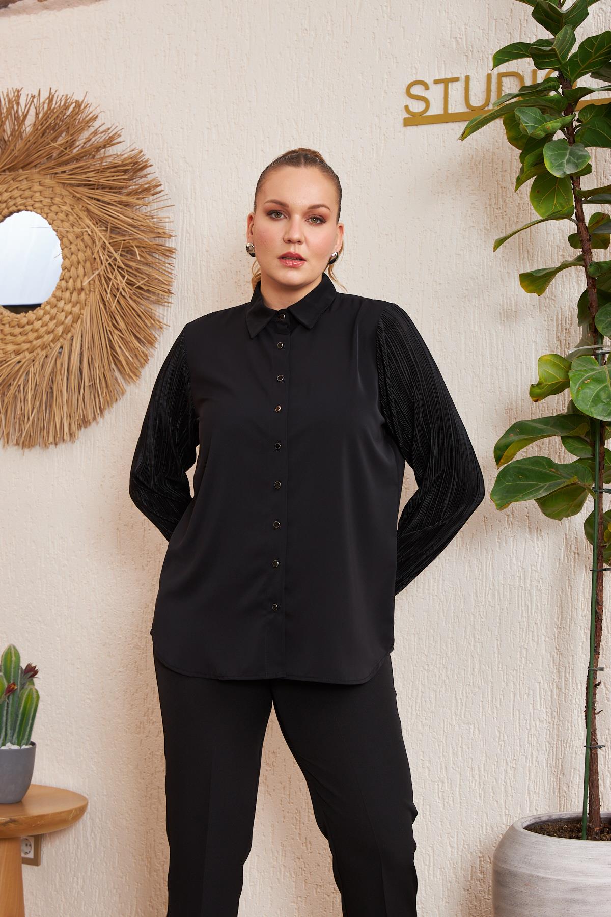 Rmg Piliseli Büyük Beden Siyah Gömlek