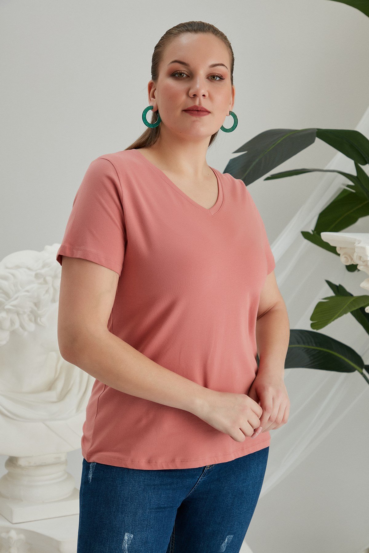 RMG V Yaka Büyük Beden Gül Kurusu Tişört