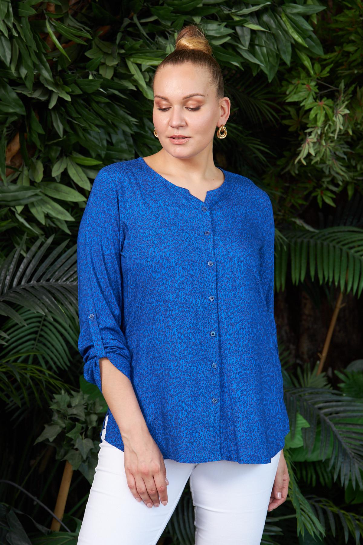 Rmg Yanları Yırtmaçlı Uzun Kol Büyük Beden Saks Bluz	