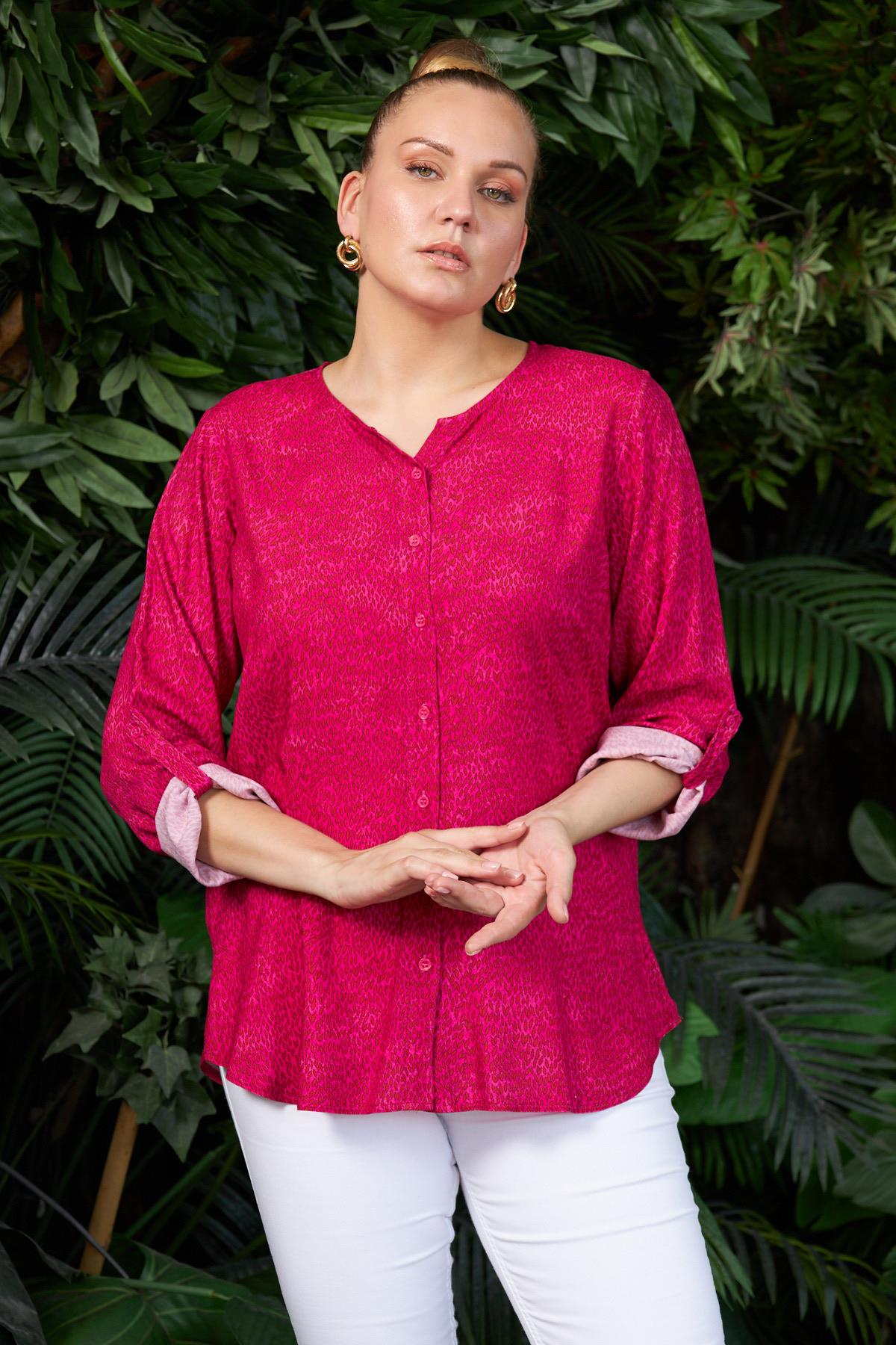 Rmg Yanları Yırtmaçlı Uzun Kol Büyük Beden Fuşya Bluz