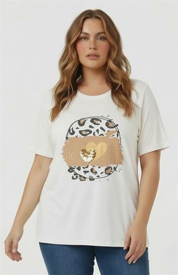 Baskılı Büyük Beden Pul Payet Detaylı Tişört Ekru - RMG
