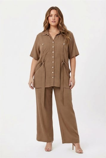 Bel Bağcık Detaylı Kadın Büyük Beden Ceket Pantolon İkili Takım Vizon - RMG