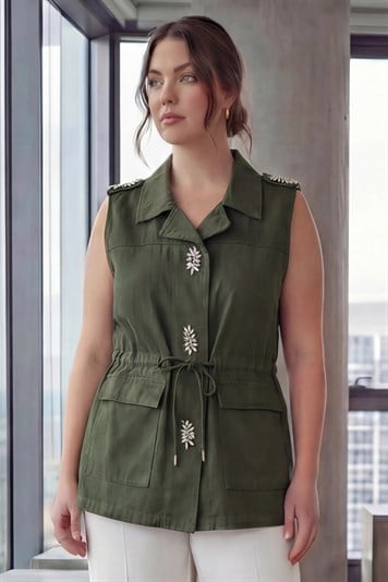 Bel Bağcık Detaylı Kadın Büyük Beden Taşlı Yelek Haki - RMG