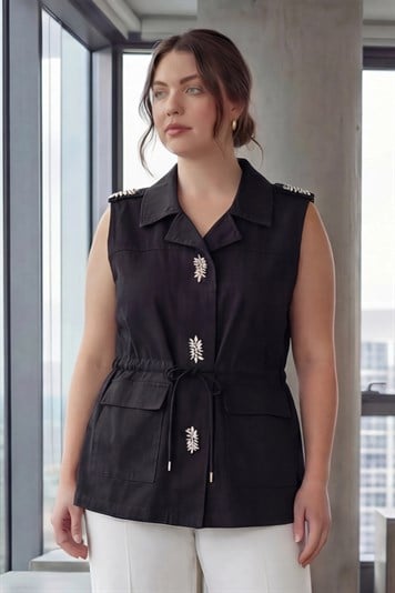 Bel Bağcık Detaylı Kadın Büyük Beden Taşlı Yelek Siyah - RMG